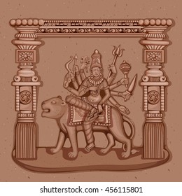Vector design of Vintage statue of Indian Goddess Chandraghanta sculpture one of avatar from Navadurga engraved on stone