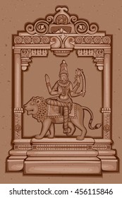 Vector design of Vintage statue of Indian Goddess Katyayani sculpture one of avatar from Navadurga engraved on stone