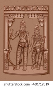 Vector design of Vintage statue of Indian Lord Rama Sita sculpture engraved on stone