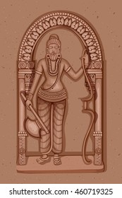 Vector design of Vintage statue of Indian Lord Parashurama sculpture one of avatar from the Dashavatara of Vishnu engraved on stone