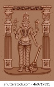 Vector design of Vintage statue of Indian Lord Narasimha sculpture one of avatar from the Dashavatara of Vishnu engraved on stone