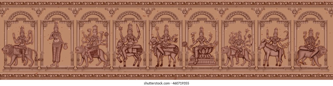 Vector design of Vintage statue of Indian Goddess Navadurga in different avatara sculpture engraved on stone