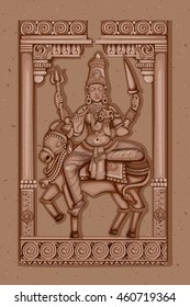 Vector design of Vintage statue of Indian Goddess Shailaputri sculpture one of avatar from Navadurga engraved on stone