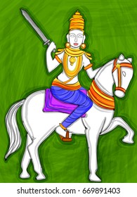 Vector design of Vintage statue of Indian Lord Kalki sculpture one of avatar from the Dashavatara of Vishnu engraved on stone