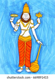 Vector design of Vintage statue of Indian Lord Narasimha sculpture one of avatar from the Dashavatara of Vishnu engraved on stone