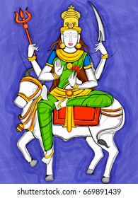 Vector design of Vintage statue of Indian Goddess Shailaputri sculpture one of avatar from Navadurga engraved on stone