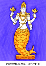 Vector design of Vintage statue of Indian Lord Matsya sculpture one of avatar from the Dashavatara of Vishnu engraved on stone