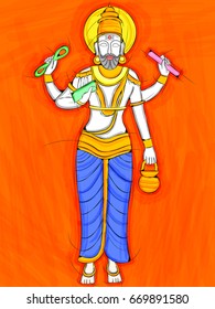 Vector design of Vintage statue of Indian God Vishwakarma sculpture engraved on stone