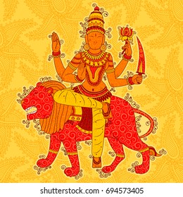 Vector design of Vintage statue of Indian Goddess Katyayani sculpture one of avatar from Navadurga in India art style