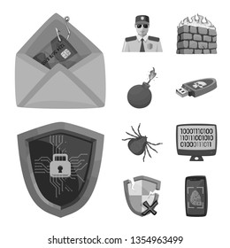 Vector design of virus and secure sign. Set of virus and cyber stock symbol for web.