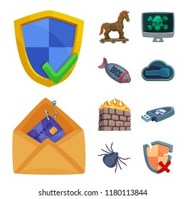 Vector design of virus and secure symbol. Set of virus and cyber stock vector illustration.