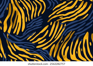 Vector design of vivid blue and yellow zebra seamless pattern on dark and contrasting background, eye-catching visual effect. Abstract Art with a Vibrant Color Palette captivating print