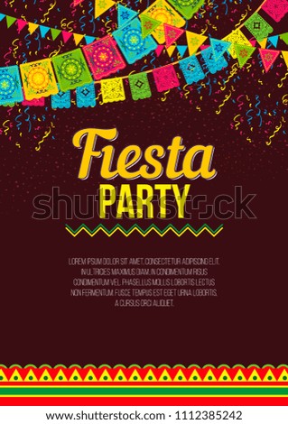 Vector design of vivid promotional poster about Fiesta party in bright colors and ornaments on brown backdrop