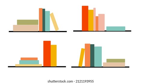 Vector design of wall shelves with various books. A set of books, literature, dictionaries, notebooks and encyclopedias. Color flat illustration on an isolated white background. Time to read