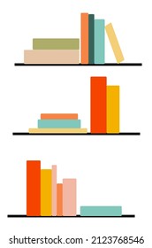 Vector design of wall shelves with various books. Time to read. A set of books, literature, dictionaries, notebooks and encyclopedias. Color flat illustration on an isolated white background.