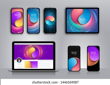 Vector design Wallpapers for smartphone, tablet, banner. Modern abstract background in the style of cut paper.  Sign Yin Yang. Colorful illustration with yellow, purple, blue, with glowing elements.