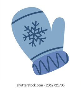 Vector design warm knitted mittens isolated. Cute blue gloves with patterns and snowflakes for the winter season, close-up. Comfort and warmth concept. Doodle, minimalism, flat style.