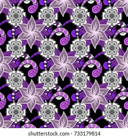 Vector design. Watercolor style. Seamless spring pattern with black, neutral and white Flowers, black, neutral and white, little black, neutral and white flowers.