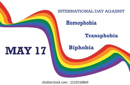 Diseño vectorial con cinta LGBT de arcoiris ondulante y texto sobre fondo blanco. Día Internacional contra la Homofobia, Transfobia y Bifobia, 17 de mayo.