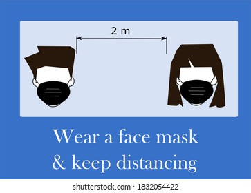 Diseño vectorial de usar una máscara facial y mantener la placa de distanciamiento