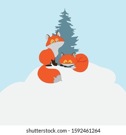 vector design of a weasel in winter and take shelter under an evergreen tree