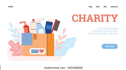 Vector design web for charity and donation. Cardboard box full cleaning and hygiene products to help poor and homeless people. Volunteering, social assistance, support for needy