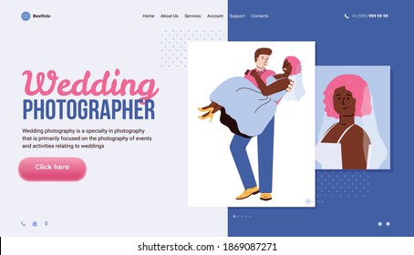 Vector design of web site for professional wedding photographer. Pictures of happy groom and bride. Photo shoot by digital camera for newly married couple posing to photographer.