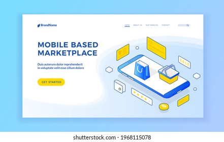 Vector design of website with mobile phone and shopping icons representing modern resource of information about mobile based marketplace. Isometric web banner, landing page template