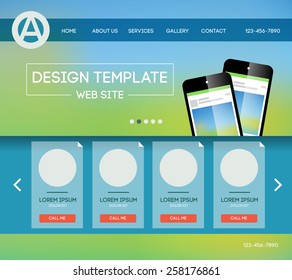 Vector design website theme template. Landing web page layout with blurred background.