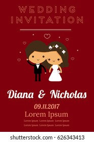 Vector design of wedding card with wedding couple cartoon for wedding invitation card.