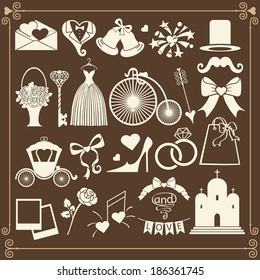 Vector Design wedding icons for Web and Mobile.Set of  wedding items in retro style