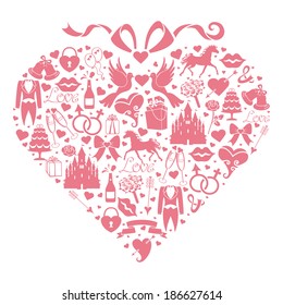 Vector Design wedding icons for Web and Mobile.Set of  wedding items .Composition in the shape of a heart with a bow on top.