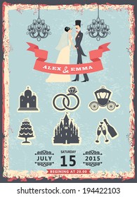 Vector Design wedding invitation with groom, bride,chandelier and  icons.Shabby vintage background. Vector illustration,greeting card,invitation,save the date.
