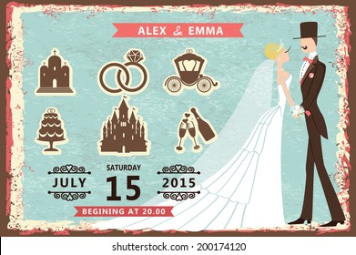 Vector Design wedding invitation with groom, bride and wedding items.Vintage grunge background. Vector illustration,greeting card,invitation,save the date.