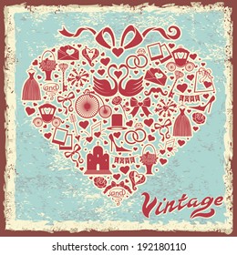 Vector Design wedding item composition in the shape of a heart with a bow on top.Shabby vintage background. Vector illustration,greeting card,invitation