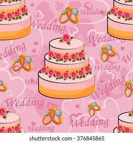 Vector design of wedding seamless pattern with rings and cake