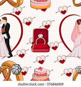 Vector design of wedding seamless pattern with rings and bride groom