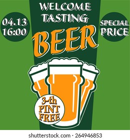 vector design welcome of beer tasting with glass, information and special offer on two colors background