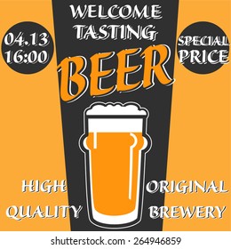 vector design welcome of beer tasting with glass, information and special offer on two colors background
