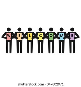 Vector design for welcome message illustrated by men holding paper with letters