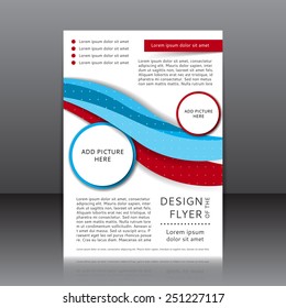 Vector design of the white flyer with red and blue elements. Poster template for your business.