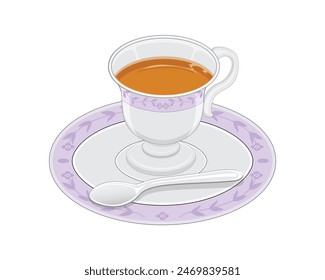 vector design of a white saucer or cup containing tea with carvings of flowers and small leaves in light purple as well as a small plate as a base and there is a teaspoon at the bottom