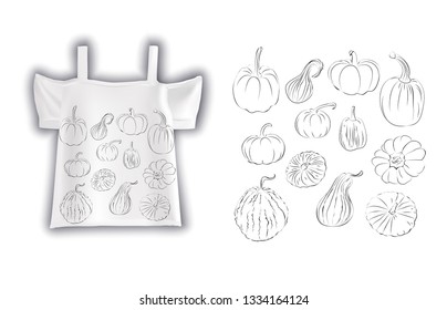 
Vector design of white womens t-shirt. Print with pumpkins on women's t-shirt. Fashionable women's blouse.