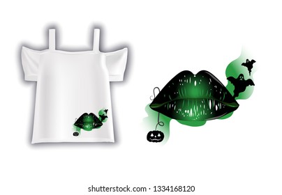 
Vector design of white womens t-shirt. Print with green women's lips on a t-shirt. Fashionable women's blouse.