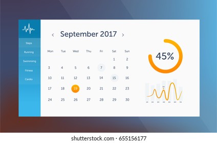 Vector design widget of sport application with calendar, chart pie and graphic