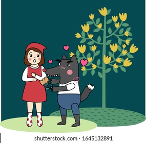 the vector design The wild fox is falling in love Little red riding hood in the green forest flat design illustration background