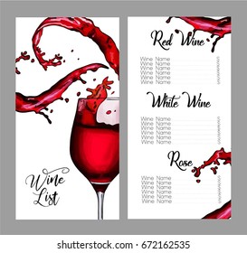 Vector design for wine list. Glass of wine with splashes.