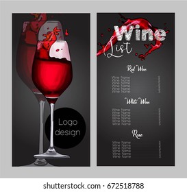 Vector design for wine list. Glass of wine with splashes.