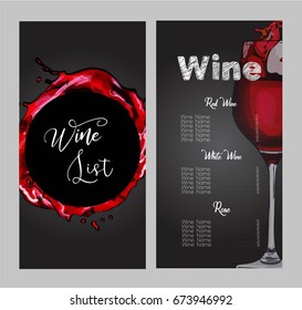 Vector design for wine list. Glass of wine with splashes.