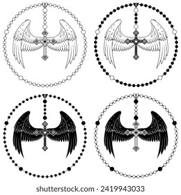 Diseño vectorial de la cruz alada con rosario cristiano, cruz celestial con alas, simbología de la religión católica